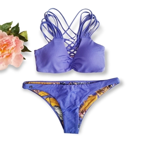 Maaji Blue Floral Reversible Strappy Cheeky Bikini Set S M - Picture 5 of 13